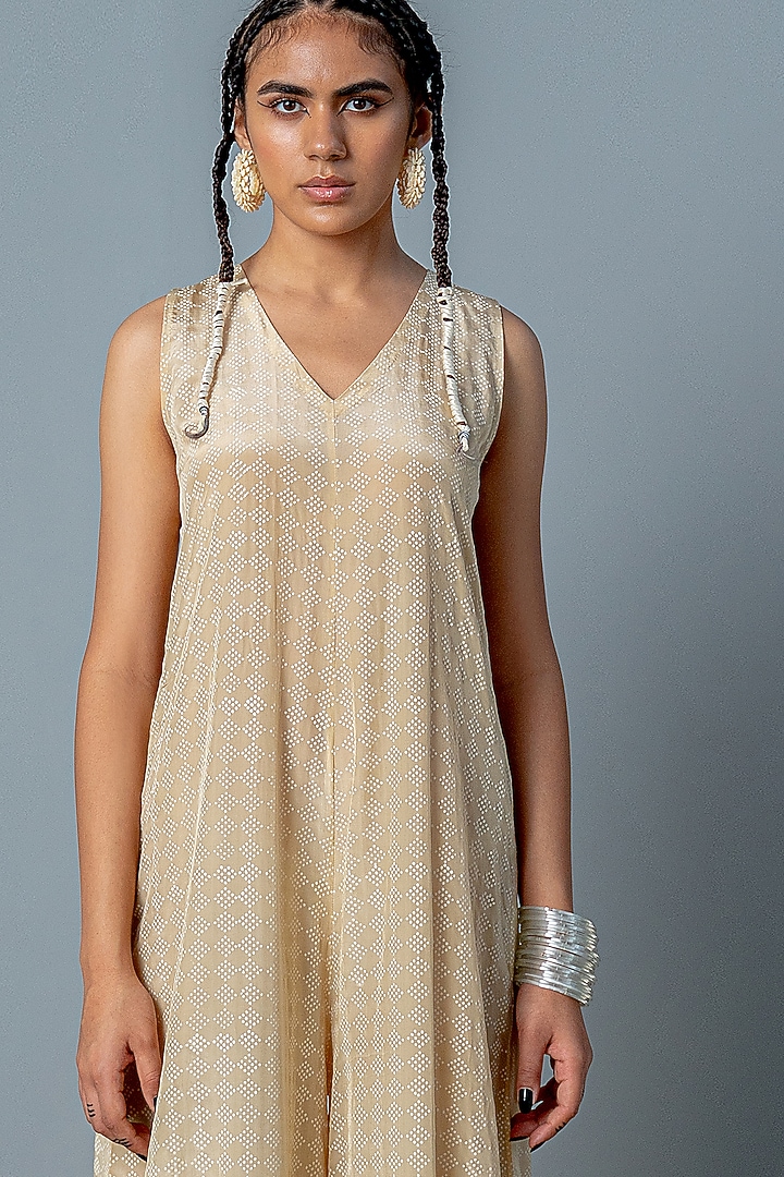 Ivory & Gold Georgette Hand-Block Printed Jumpsuit With Jacket by POOJA RAJGARHIA GUPTA at Pernia's Pop Up Shop