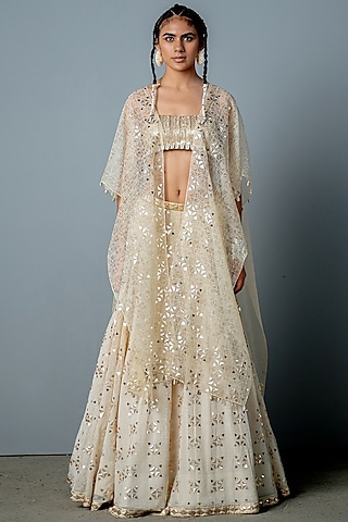 Ivory & Gold Georgette Hand-Block Printed & Hand Embroidered Lehenga Set by POOJA RAJGARHIA GUPTA