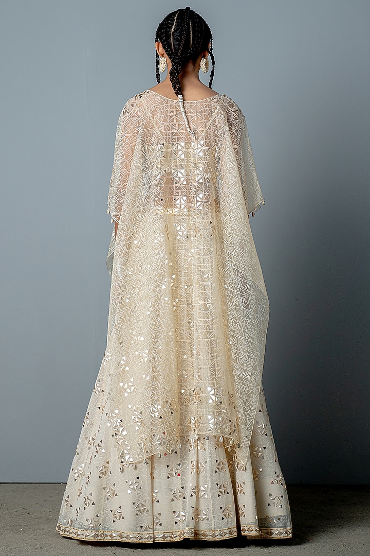 Ivory & Gold Georgette Hand-Block Printed & Hand Embroidered Wedding Lehenga Set by POOJA RAJGARHIA GUPTA at Pernia's Pop Up Shop