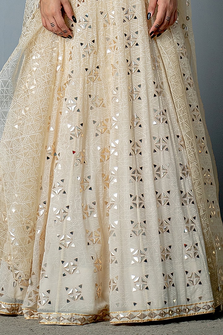 Ivory & Gold Georgette Hand-Block Printed & Hand Embroidered Wedding Lehenga Set by POOJA RAJGARHIA GUPTA at Pernia's Pop Up Shop