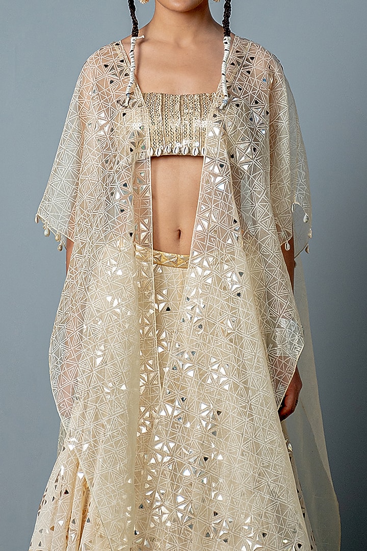 Ivory & Gold Georgette Hand-Block Printed & Hand Embroidered Wedding Lehenga Set by POOJA RAJGARHIA GUPTA at Pernia's Pop Up Shop