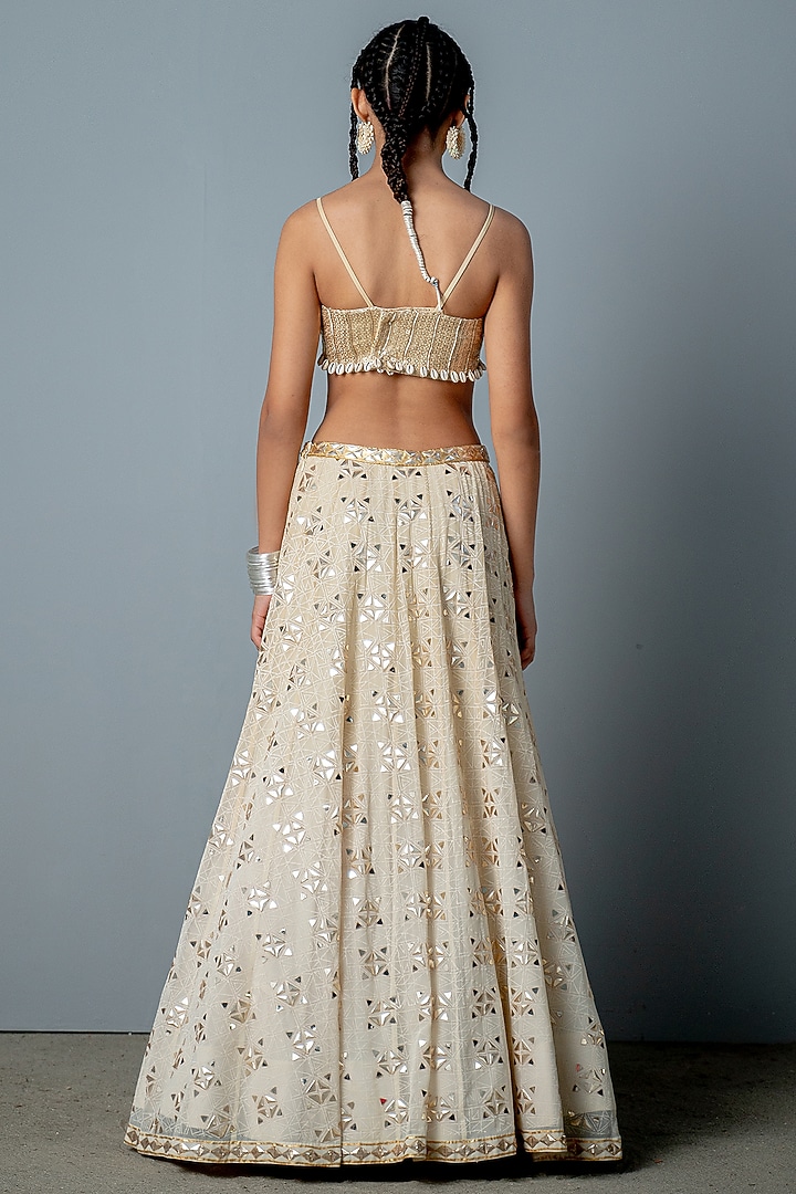 Ivory & Gold Georgette Hand-Block Printed & Hand Embroidered Wedding Lehenga Set by POOJA RAJGARHIA GUPTA at Pernia's Pop Up Shop