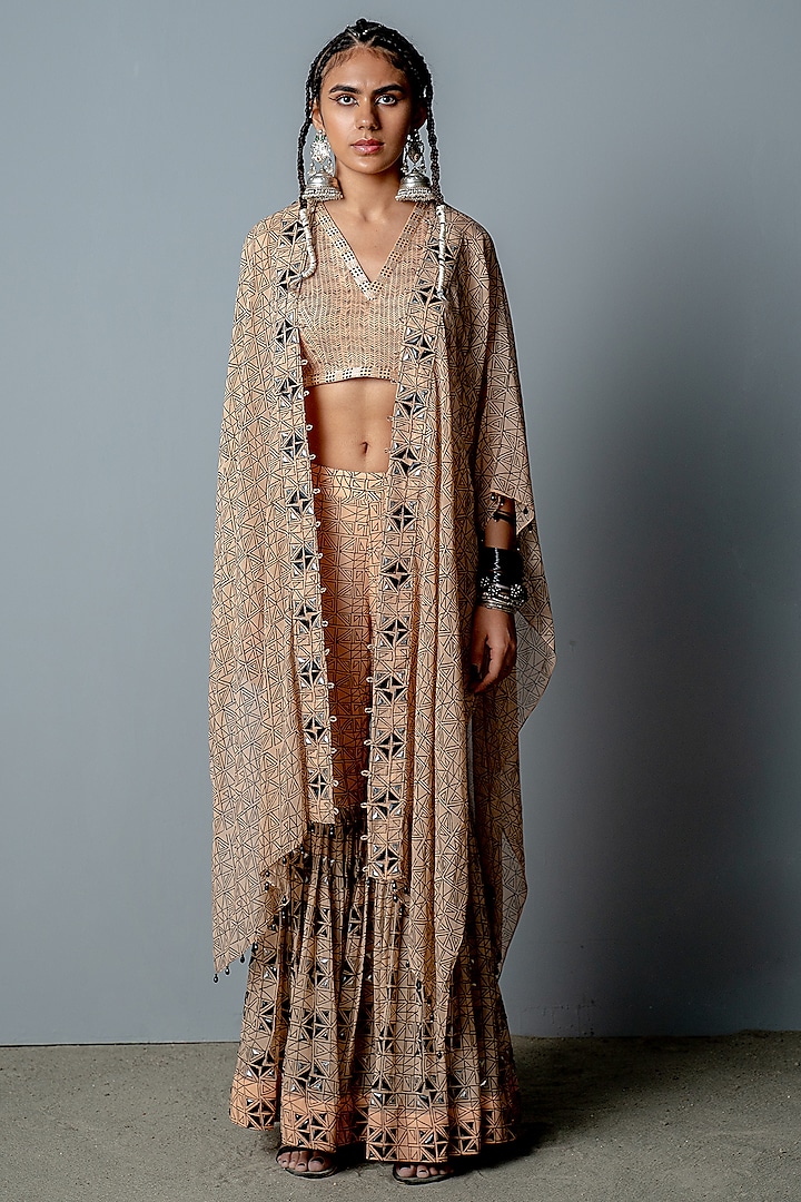 Nude Hand-Block Printed Sharara Set by POOJA RAJGARHIA GUPTA