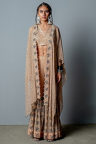 Nude Hand-Block Printed Sharara Set by POOJA RAJGARHIA GUPTA