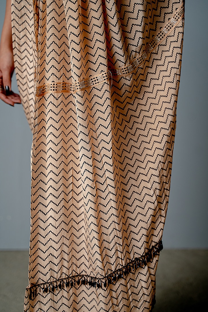 Nude Crepe Printed & Hand Embroidered Draped Pant Wedding Saree Set by POOJA RAJGARHIA GUPTA at Pernia's Pop Up Shop