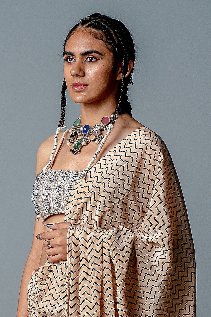 Nude Crepe Printed & Hand Embroidered Draped Pant Wedding Saree Set by POOJA RAJGARHIA GUPTA at Pernia's Pop Up Shop