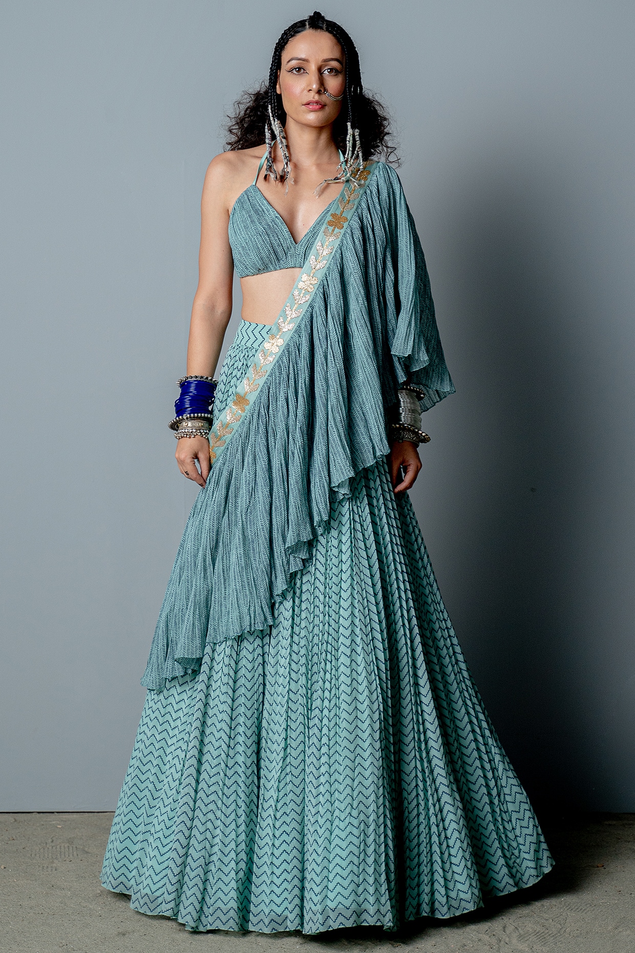 Off White And Indigo Hand-Block Lehenga Set – Vasansi Jaipur