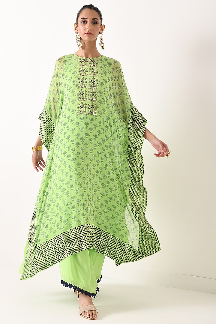 Mint Green Embroidered Kaftan Set by POOJA RAJGARHIA GUPTA