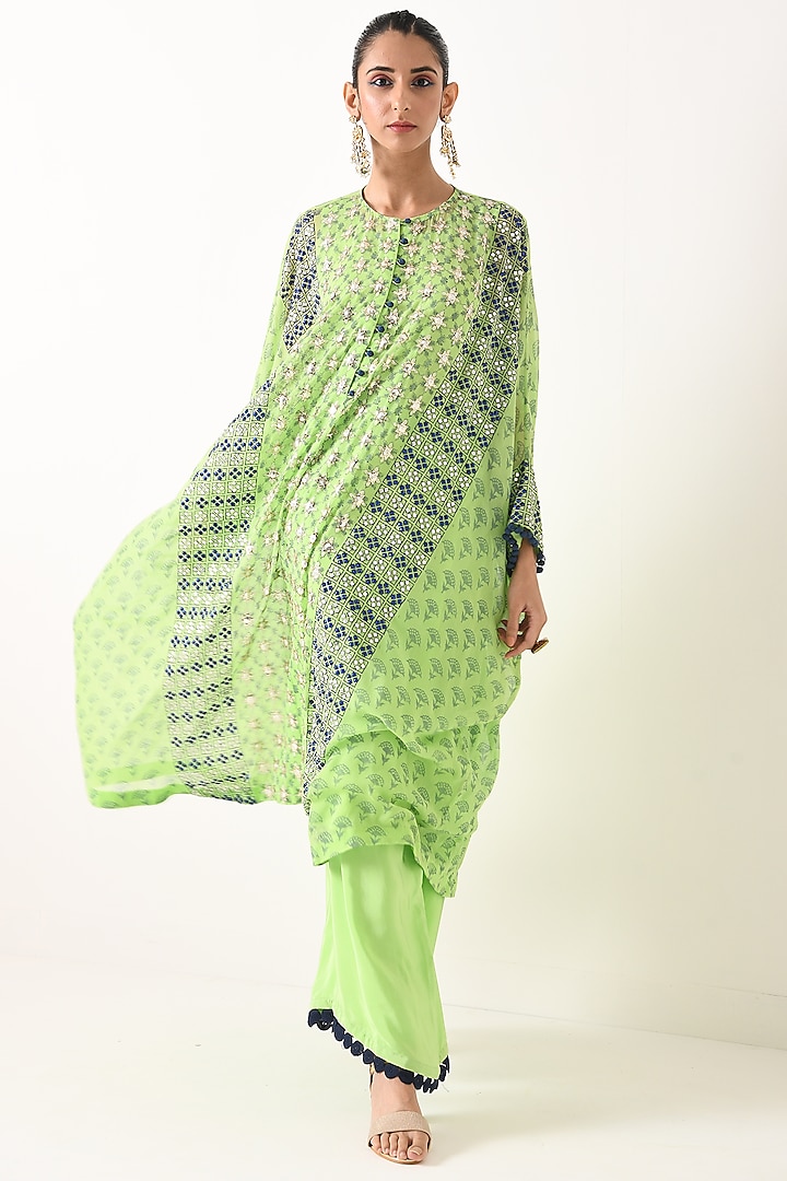 Mint Green Sequins Embroidered Kaftan Set by POOJA RAJGARHIA GUPTA
