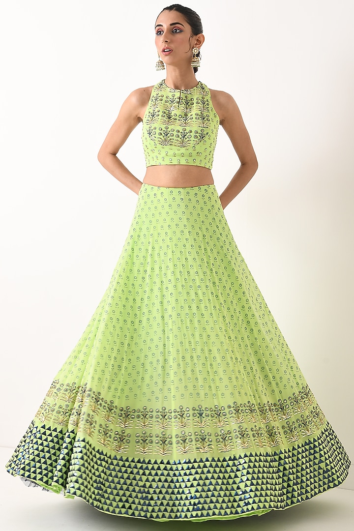 Mint Green Embroidered & Printed Wedding Lehenga Set by POOJA RAJGARHIA GUPTA at Pernia's Pop Up Shop