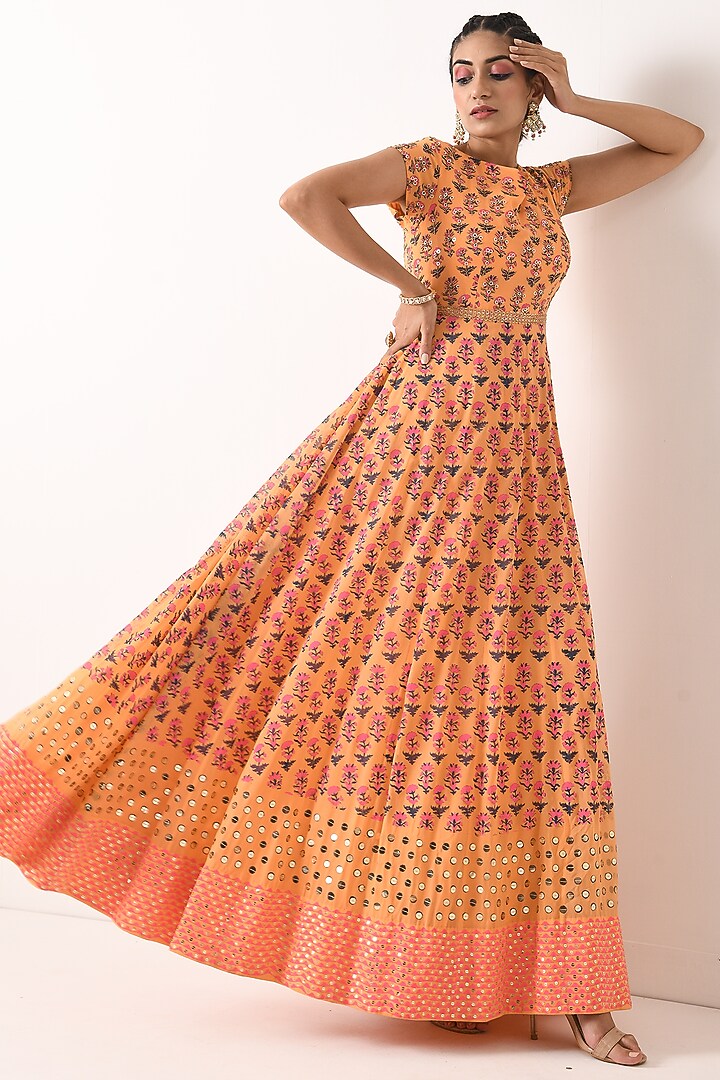 Sorbet Orange Printed & Embroidered Wedding Anarkali Set by POOJA RAJGARHIA GUPTA at Pernia's Pop Up Shop