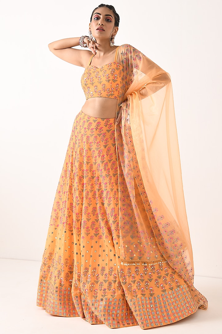 Sorbet Orange Sequins Embroidered Lehenga Set by POOJA RAJGARHIA GUPTA