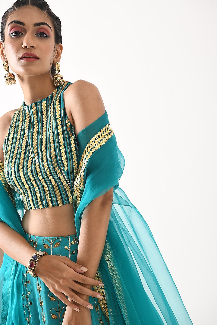Teal Ombre Embroidered Wedding Lehenga Set by POOJA RAJGARHIA GUPTA at Pernia's Pop Up Shop
