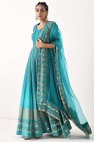 Teal Ombre Sequins Embroidered Anarkali Set by POOJA RAJGARHIA GUPTA