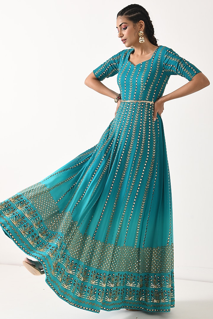 Teal Ombre Sequins Embroidered Wedding Anarkali Set by POOJA RAJGARHIA GUPTA at Pernia's Pop Up Shop