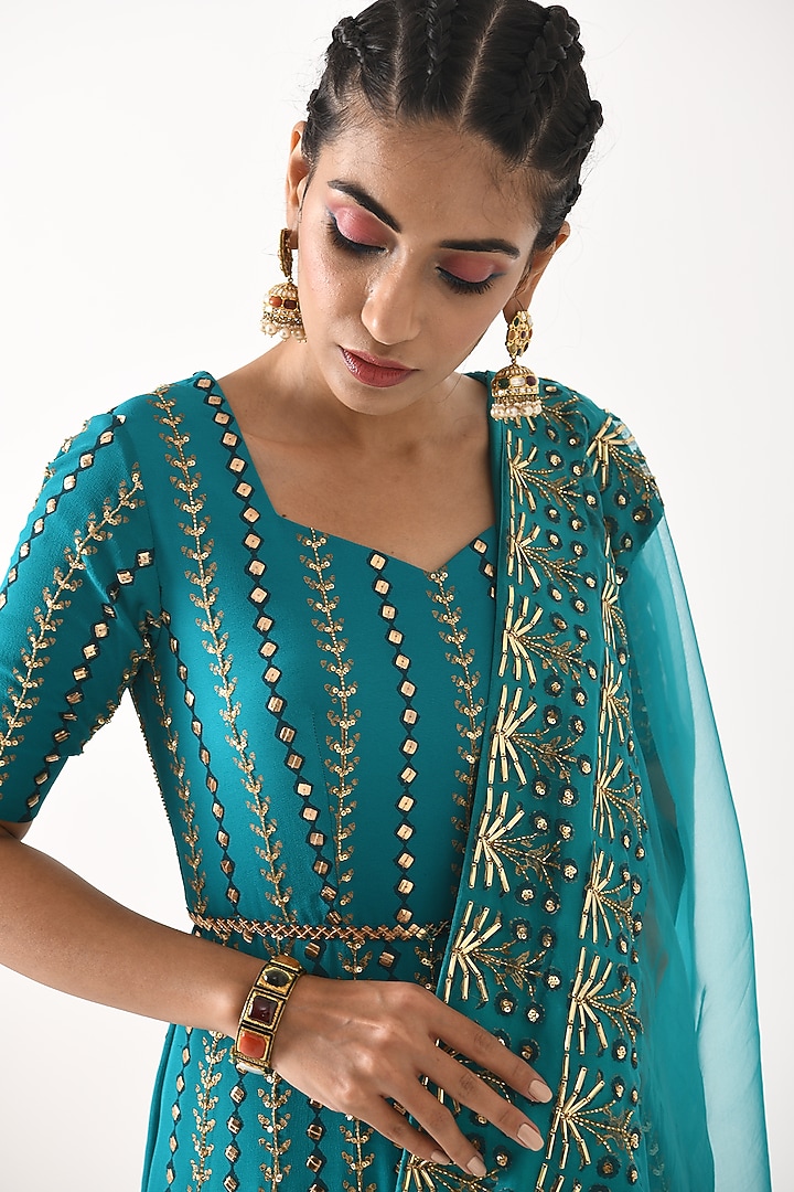 Teal Ombre Sequins Embroidered Wedding Anarkali Set by POOJA RAJGARHIA GUPTA at Pernia's Pop Up Shop