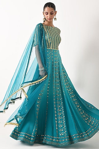 Teal Ombre Printed & Embroidered Anarkali Set by POOJA RAJGARHIA GUPTA