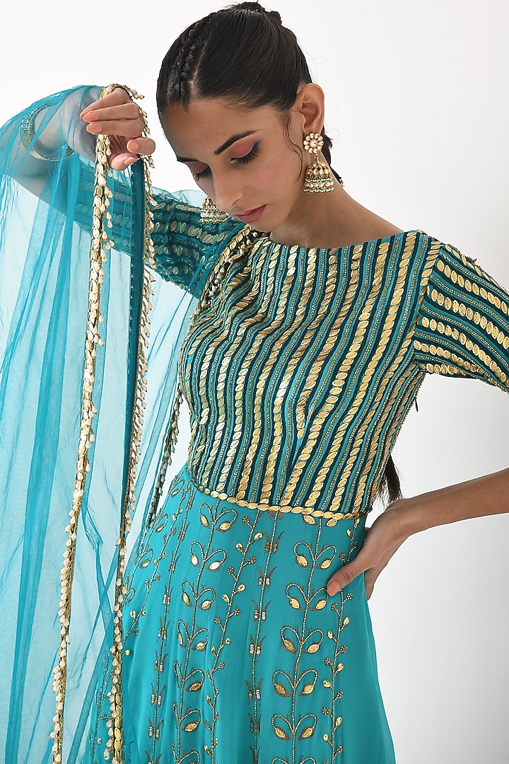 Teal Ombre Printed & Embroidered Wedding Anarkali Set by POOJA RAJGARHIA GUPTA at Pernia's Pop Up Shop