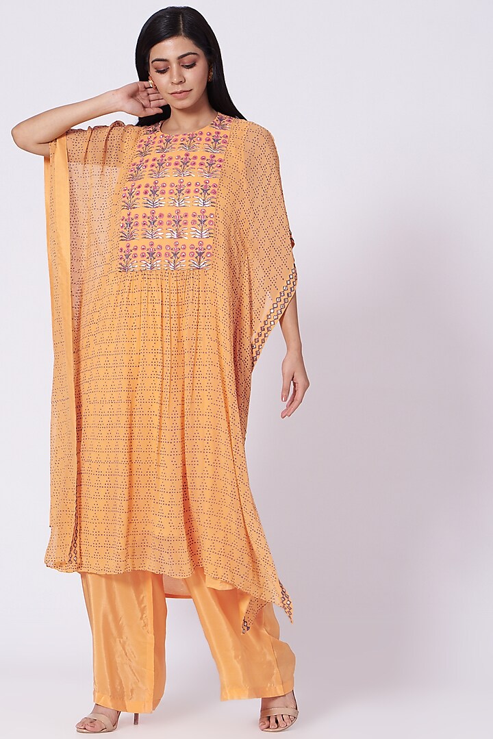 Apricot Orange Hand Embroidered Kaftan Set by POOJA RAJGARHIA GUPTA at Pernia's Pop Up Shop