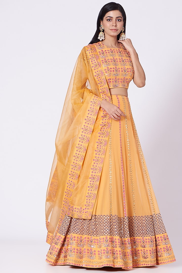 Apricot Orange Wedding Lehenga Set With Hand Embroidery by POOJA RAJGARHIA GUPTA at Pernia's Pop Up Shop