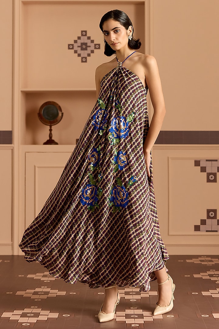 Blue Double Georgette Checked Midi Vacation Dress by POOJA RAJGARHIA GUPTA at Pernia's Pop Up Shop