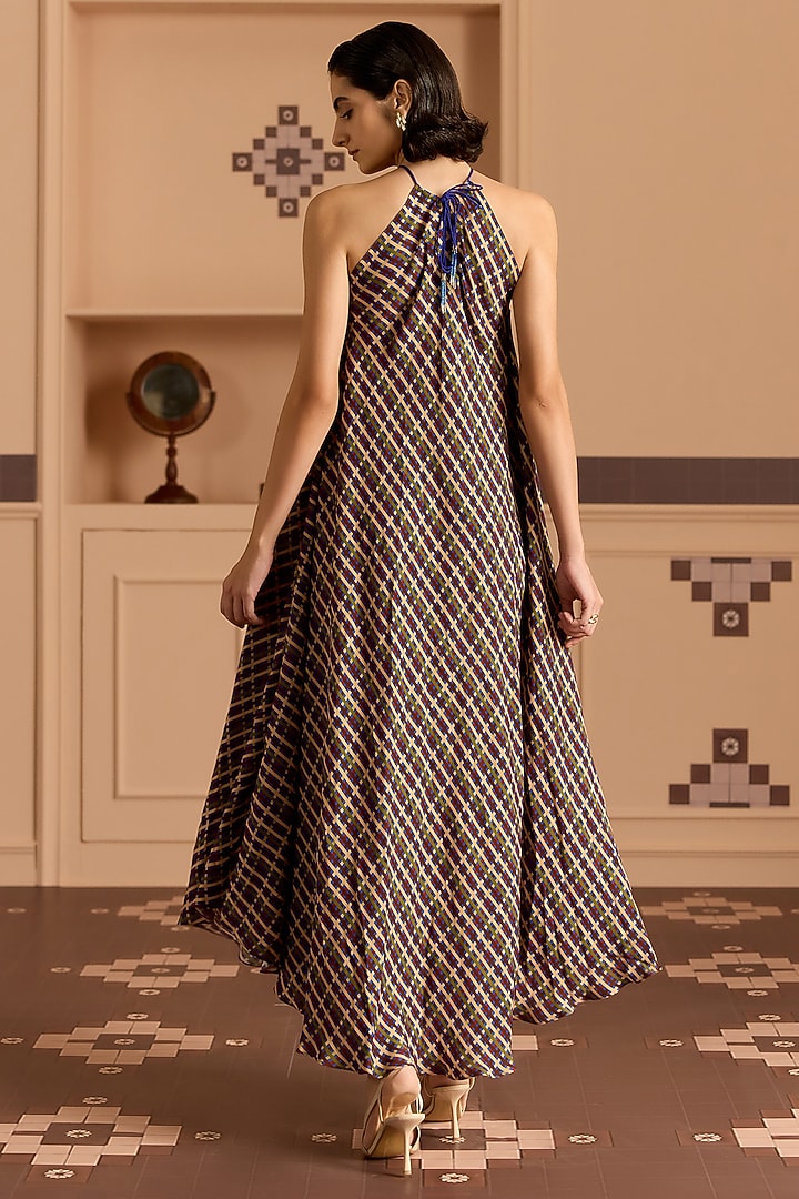 Blue Double Georgette Checked Midi Vacation Dress by POOJA RAJGARHIA GUPTA at Pernia's Pop Up Shop