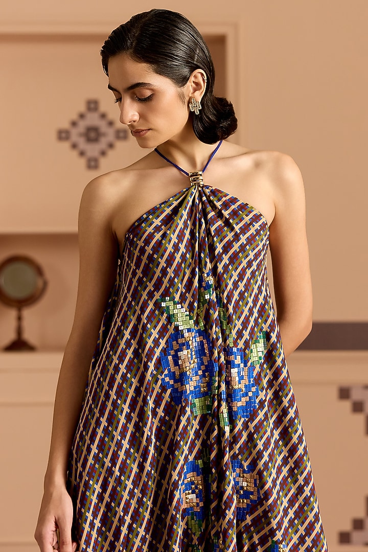 Blue Double Georgette Checked Midi Vacation Dress by POOJA RAJGARHIA GUPTA at Pernia's Pop Up Shop