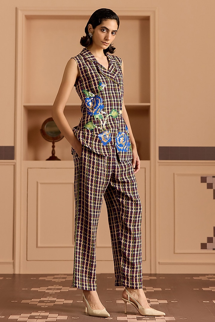 Blue Double Georgette Checked & Floral Sequin Embroidered Blazer Set by POOJA RAJGARHIA GUPTA at Pernia's Pop Up Shop