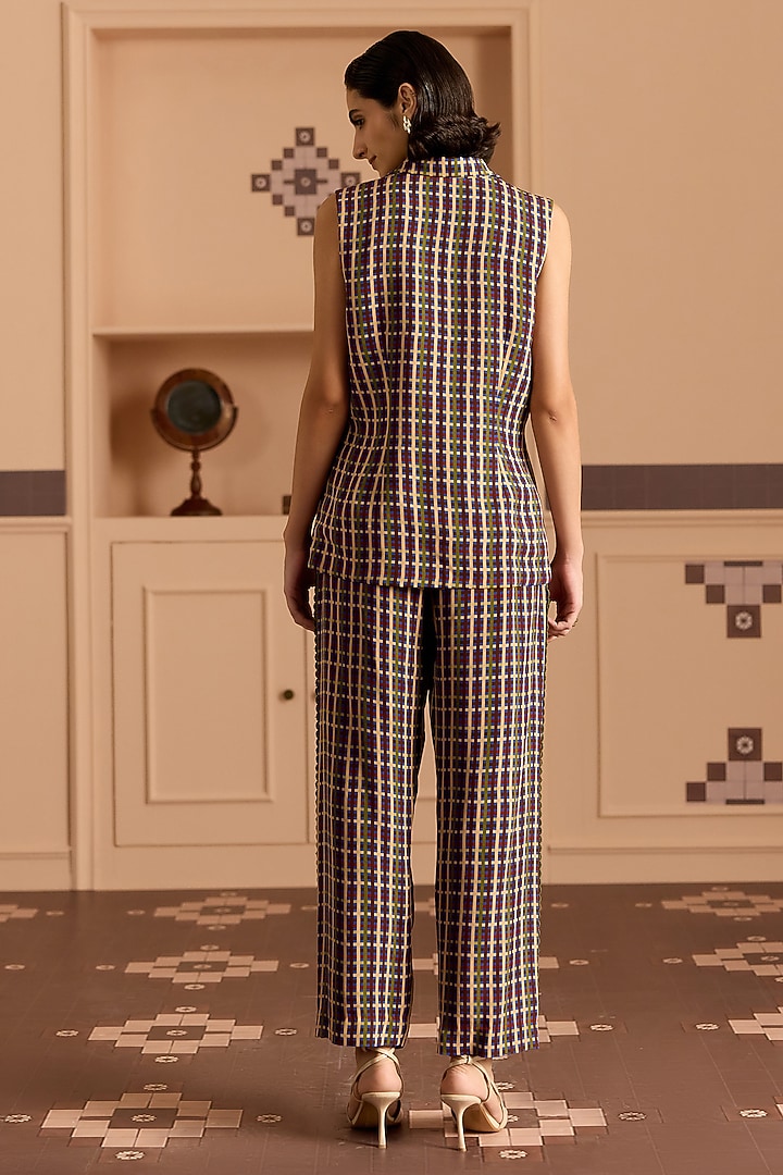 Blue Double Georgette Checked & Floral Sequin Embroidered Blazer Set by POOJA RAJGARHIA GUPTA at Pernia's Pop Up Shop