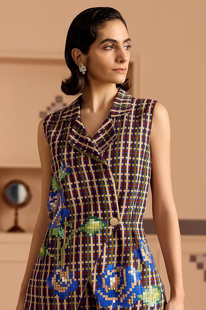 Blue Double Georgette Checked & Floral Sequin Embroidered Blazer Set by POOJA RAJGARHIA GUPTA at Pernia's Pop Up Shop