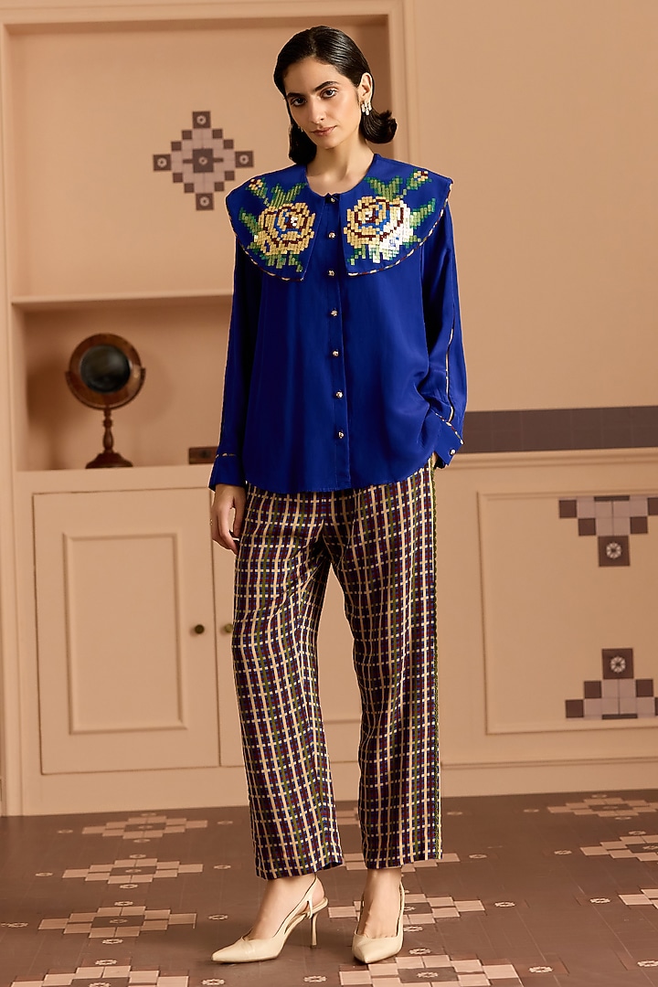 Blue Crepe Floral Sequin Embroidered Shirt by POOJA RAJGARHIA GUPTA at Pernia's Pop Up Shop