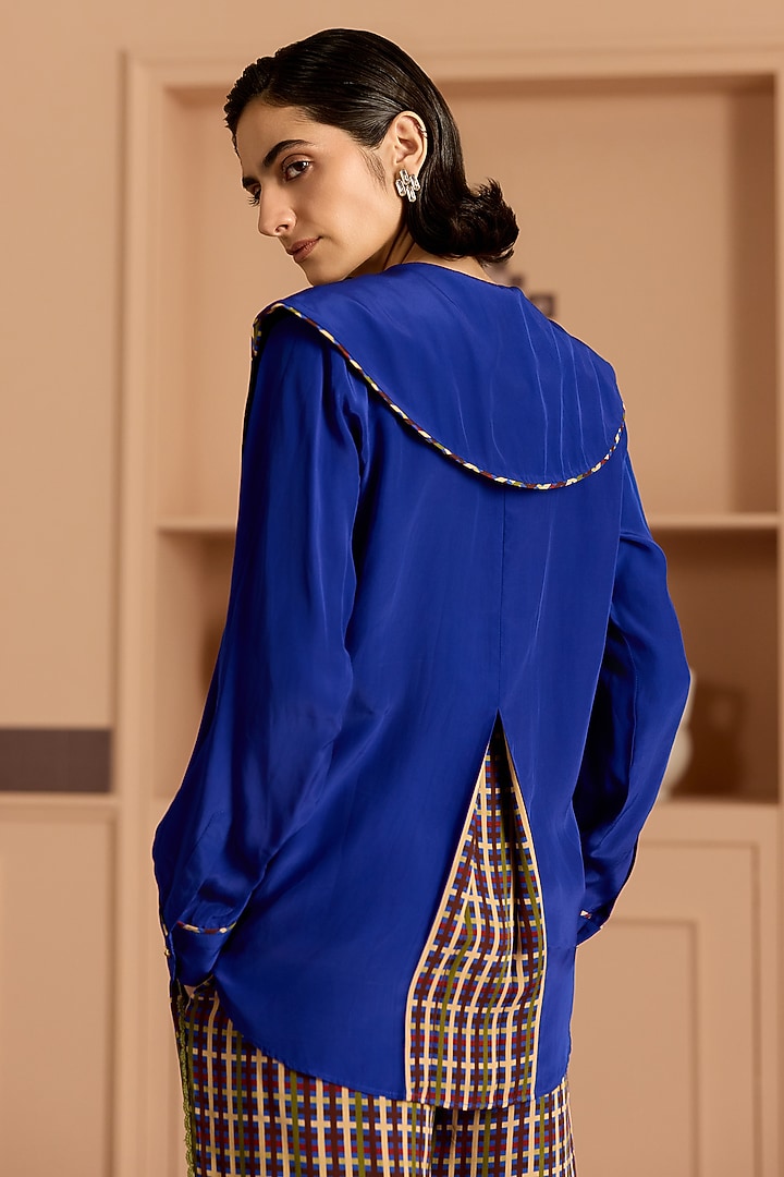 Blue Crepe Floral Sequin Embroidered Shirt by POOJA RAJGARHIA GUPTA at Pernia's Pop Up Shop