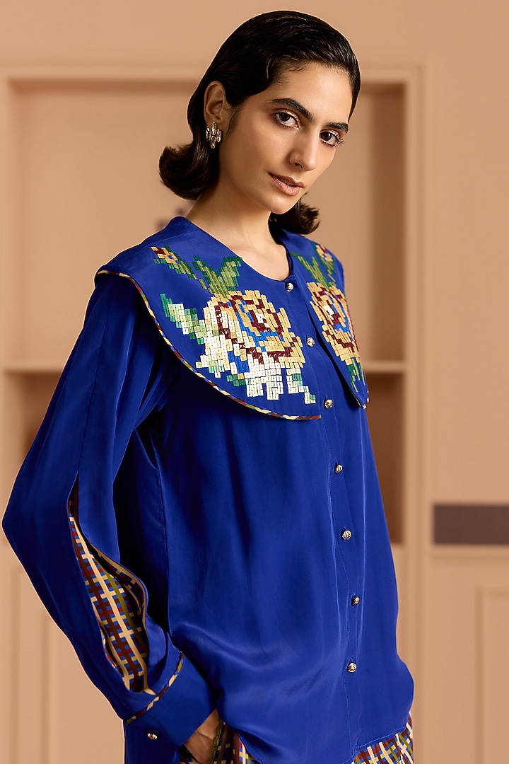 Blue Crepe Floral Sequin Embroidered Shirt by POOJA RAJGARHIA GUPTA at Pernia's Pop Up Shop