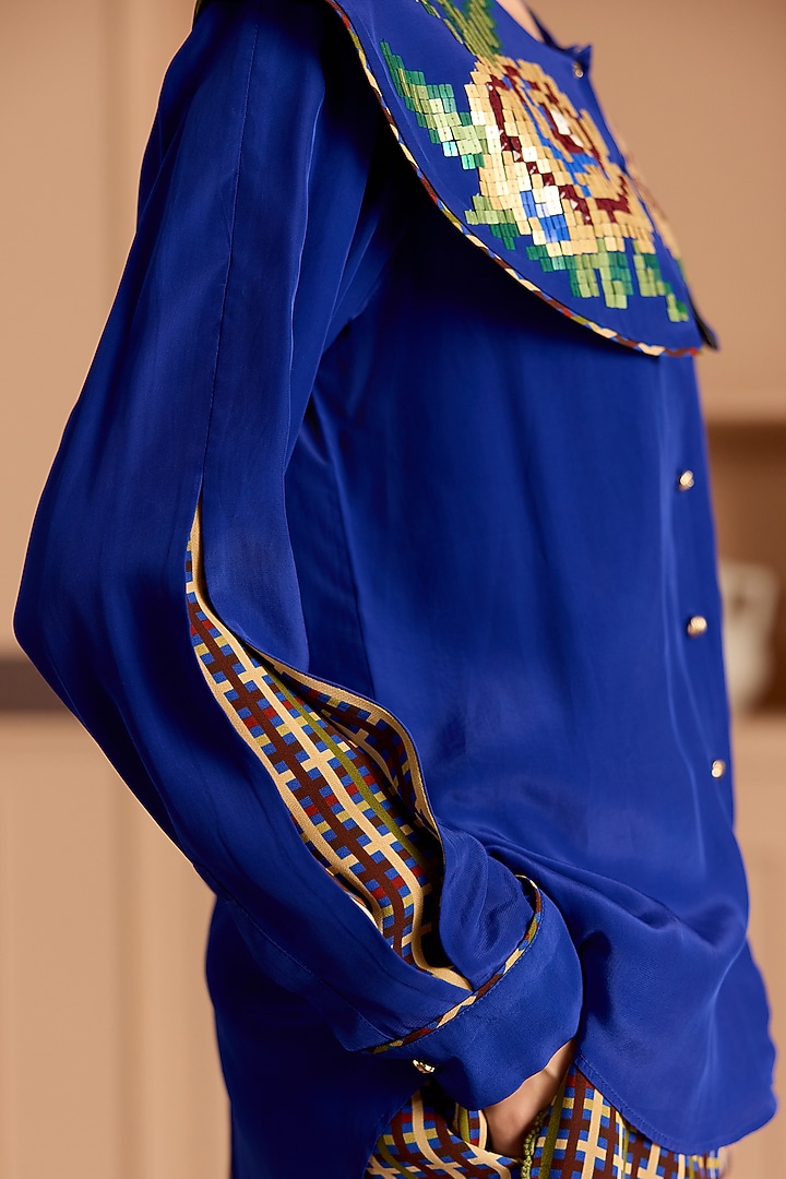 Blue Crepe Floral Sequin Embroidered Shirt by POOJA RAJGARHIA GUPTA at Pernia's Pop Up Shop