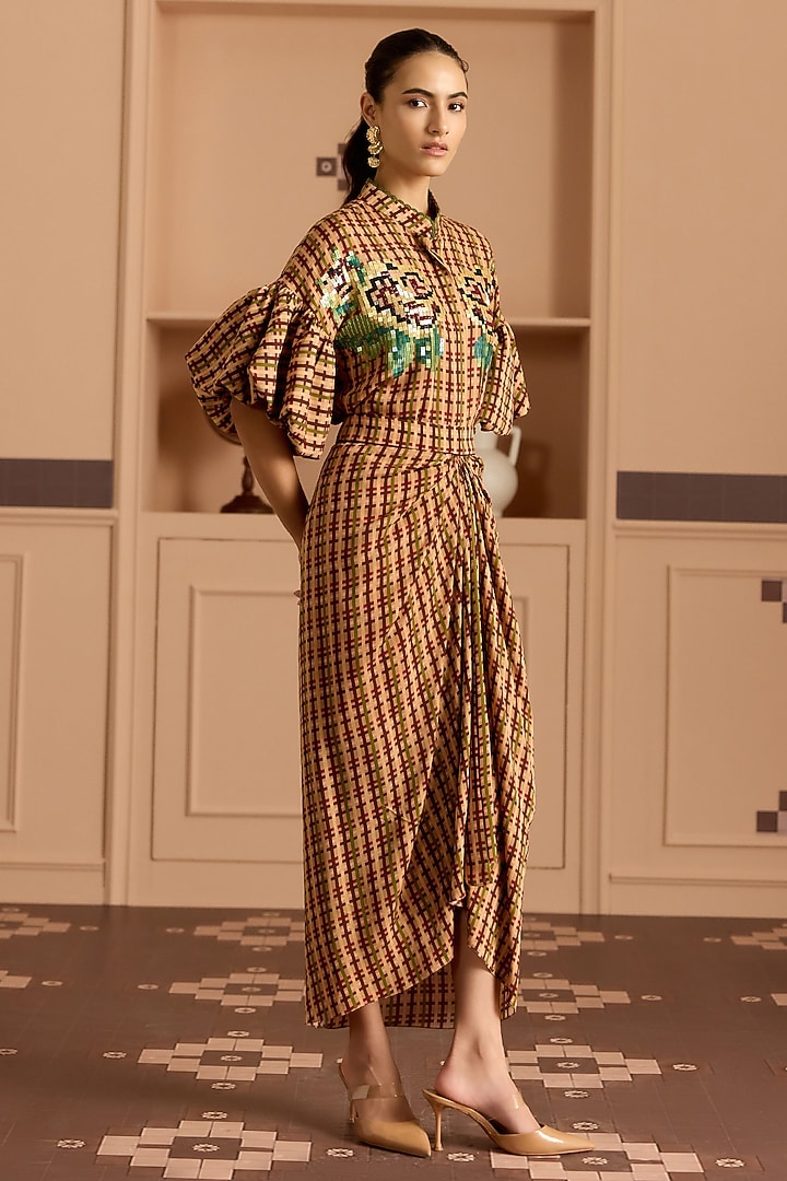 Burgundy Double Georgette Checked Dhoti Skirt by POOJA RAJGARHIA GUPTA at Pernia's Pop Up Shop