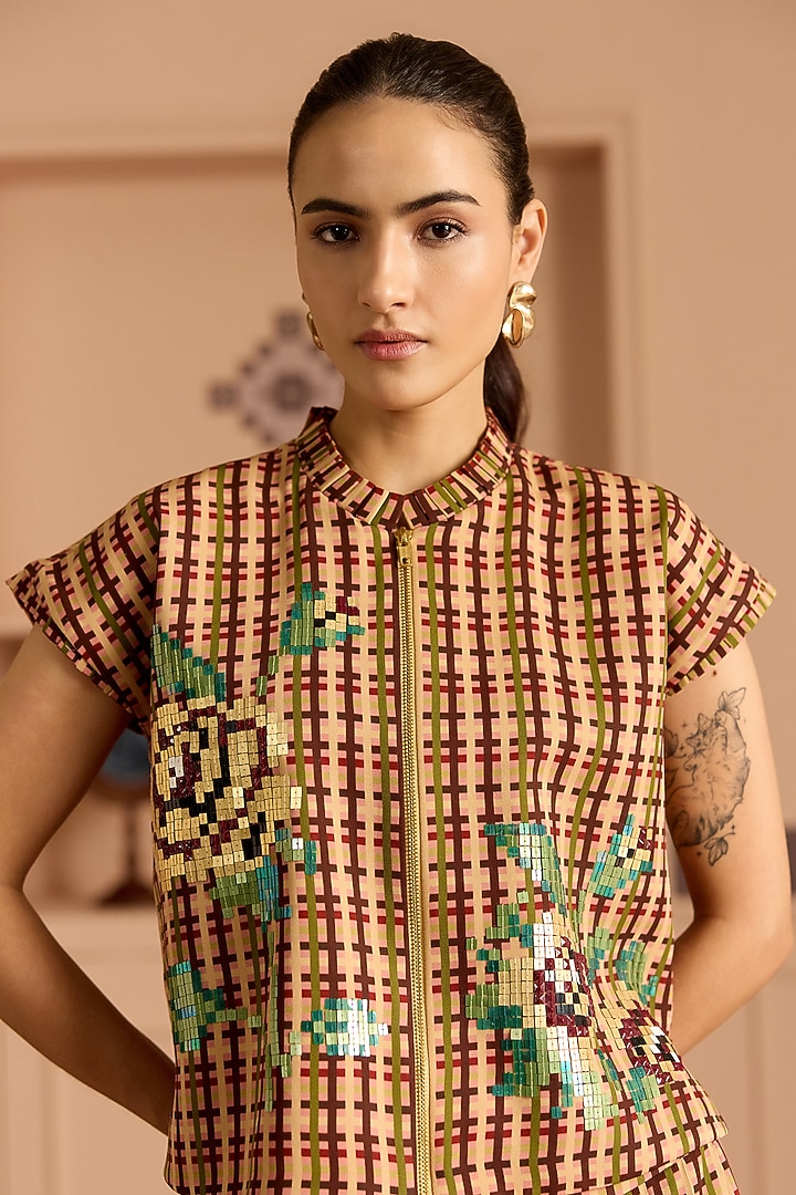 Burgundy Double Georgette Floral Sequin Embroidered Crop Top by POOJA RAJGARHIA GUPTA at Pernia's Pop Up Shop