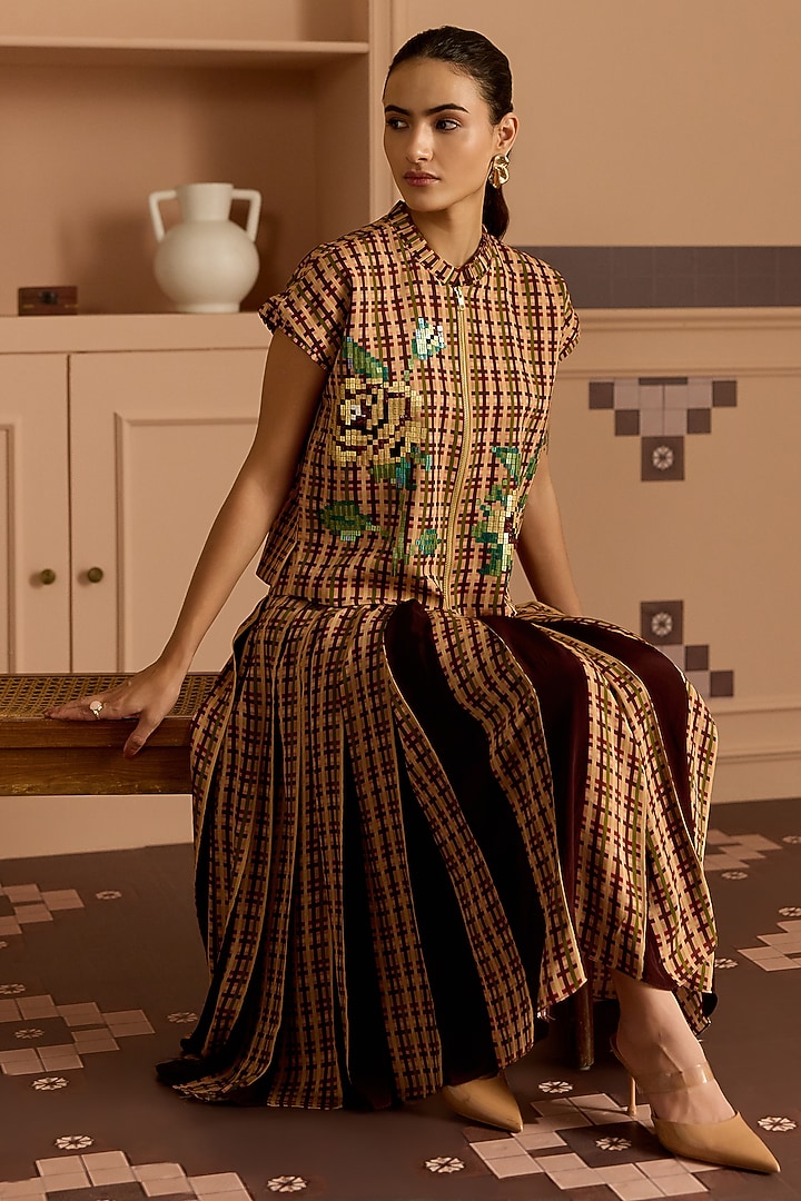 Burgundy Double Georgette & Crepe Checked Pleated Skirt by POOJA RAJGARHIA GUPTA at Pernia's Pop Up Shop