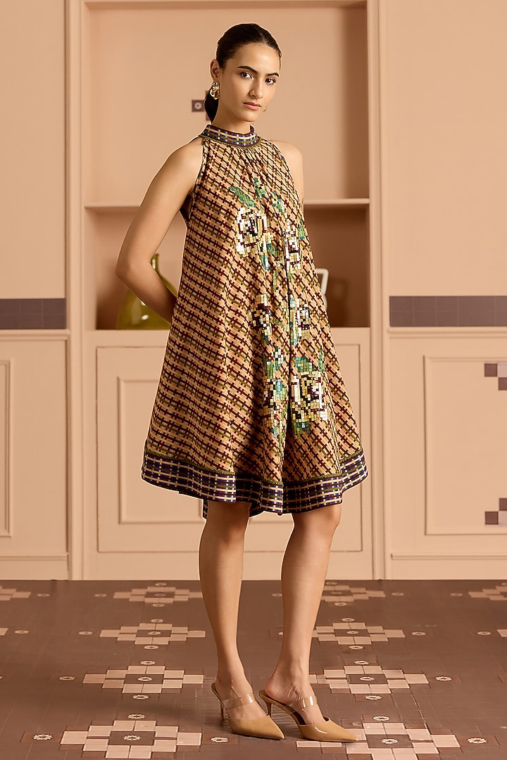 Burgundy Double Georgette Checked Mini Vacation Dress by POOJA RAJGARHIA GUPTA at Pernia's Pop Up Shop