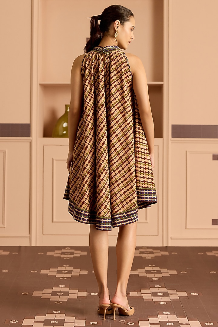 Burgundy Double Georgette Checked Mini Vacation Dress by POOJA RAJGARHIA GUPTA at Pernia's Pop Up Shop