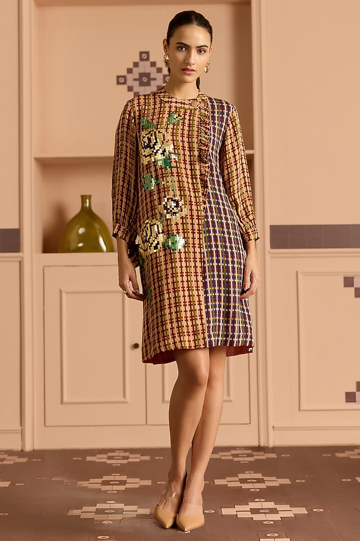 Burgundy Double Georgette Checked Frilled Vacation Shirt Dress by POOJA RAJGARHIA GUPTA at Pernia's Pop Up Shop