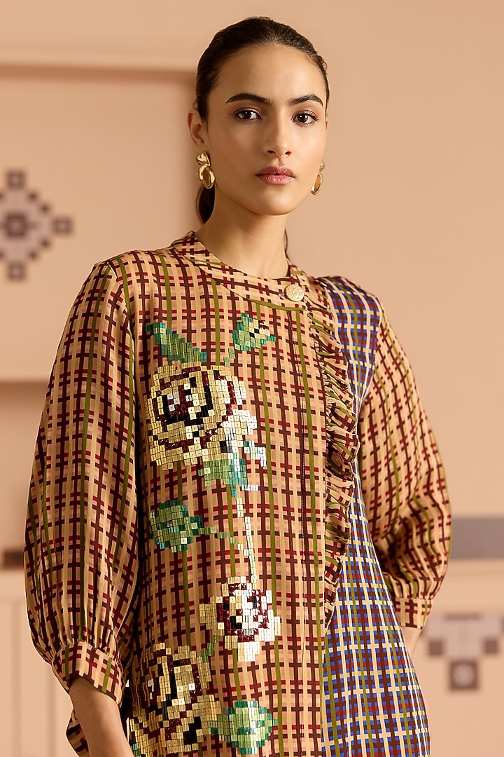 Burgundy Double Georgette Checked Frilled Vacation Shirt Dress by POOJA RAJGARHIA GUPTA at Pernia's Pop Up Shop