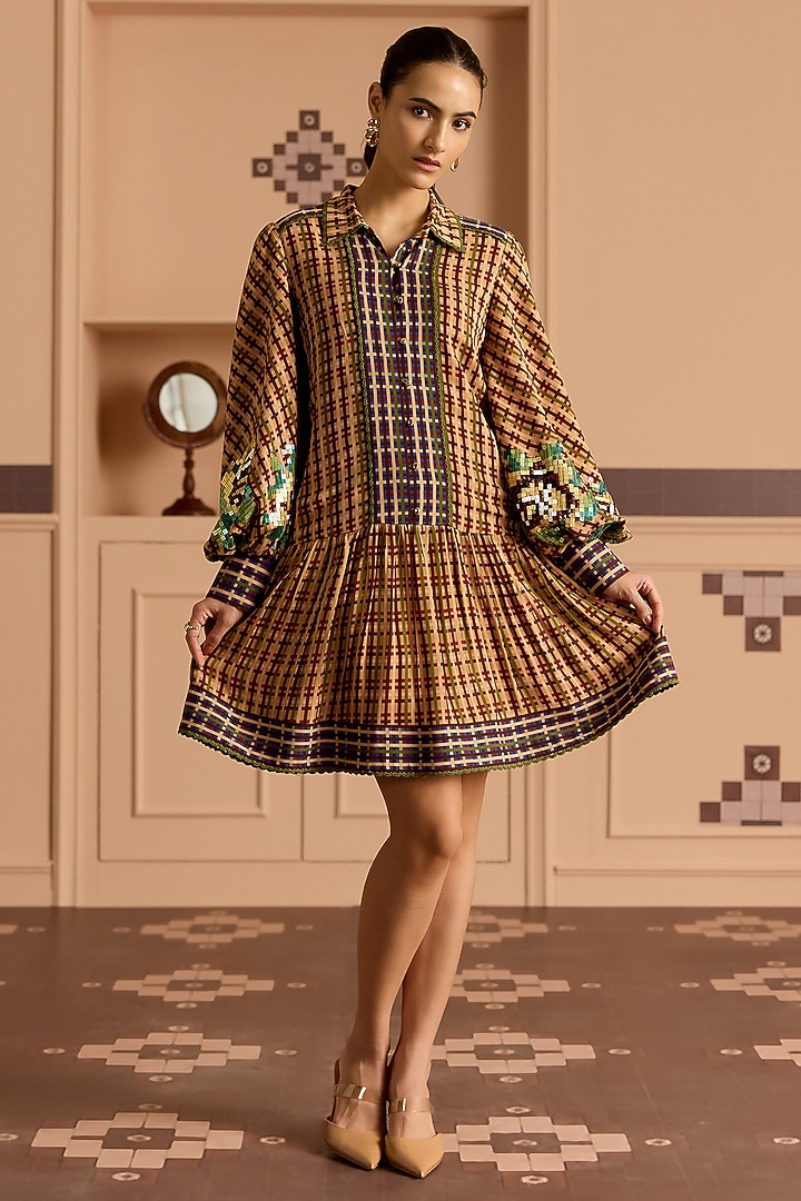 Burgundy Double Georgette Checked Flared Mini Vacation Dress by POOJA RAJGARHIA GUPTA at Pernia's Pop Up Shop