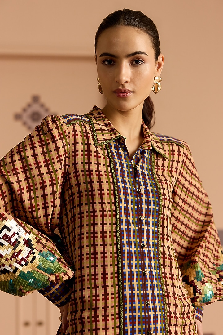 Burgundy Double Georgette Checked Flared Mini Vacation Dress by POOJA RAJGARHIA GUPTA at Pernia's Pop Up Shop