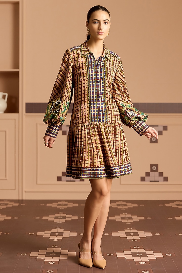 Burgundy Double Georgette Checked Flared Mini Vacation Dress by POOJA RAJGARHIA GUPTA at Pernia's Pop Up Shop