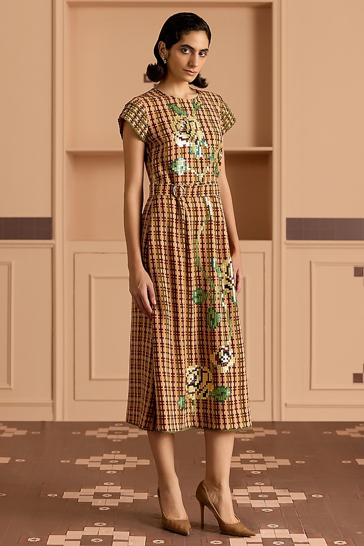 Burgundy Double Georgette Checked Flared Midi Vacation Dress by POOJA RAJGARHIA GUPTA at Pernia's Pop Up Shop