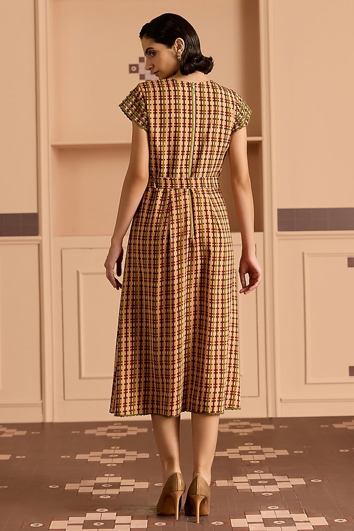 Burgundy Double Georgette Checked Flared Midi Vacation Dress by POOJA RAJGARHIA GUPTA at Pernia's Pop Up Shop