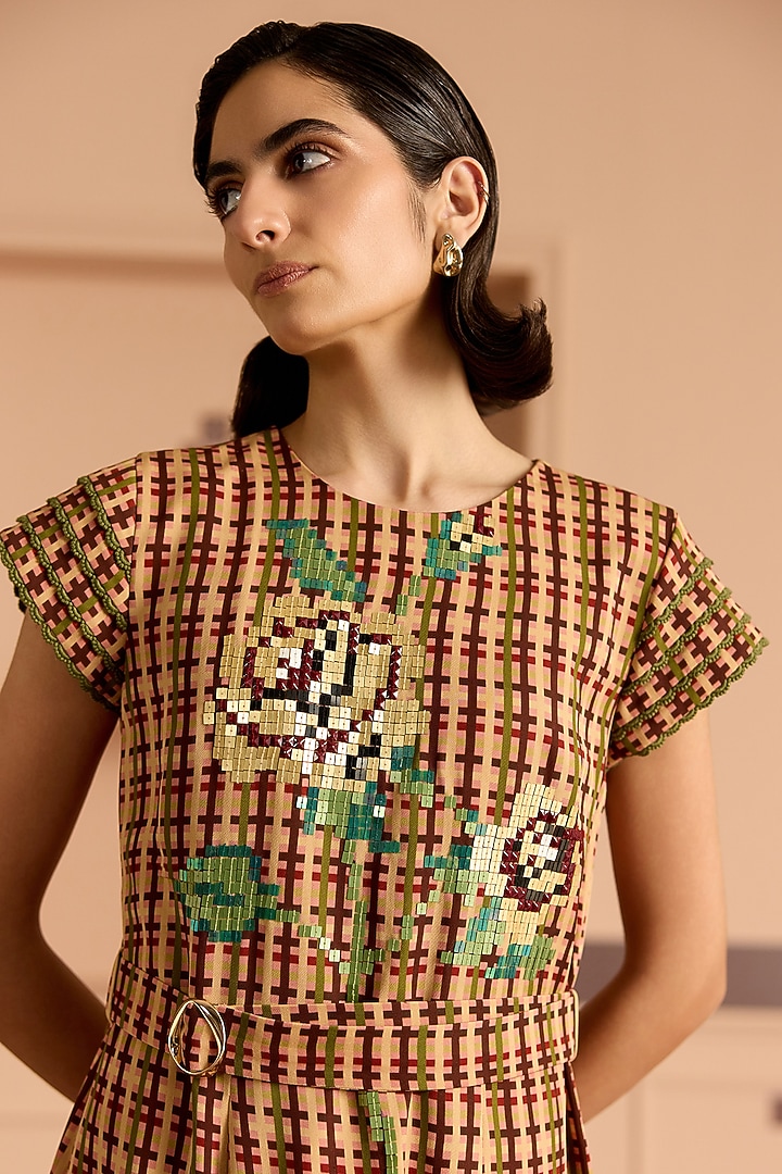 Burgundy Double Georgette Checked Flared Midi Vacation Dress by POOJA RAJGARHIA GUPTA at Pernia's Pop Up Shop