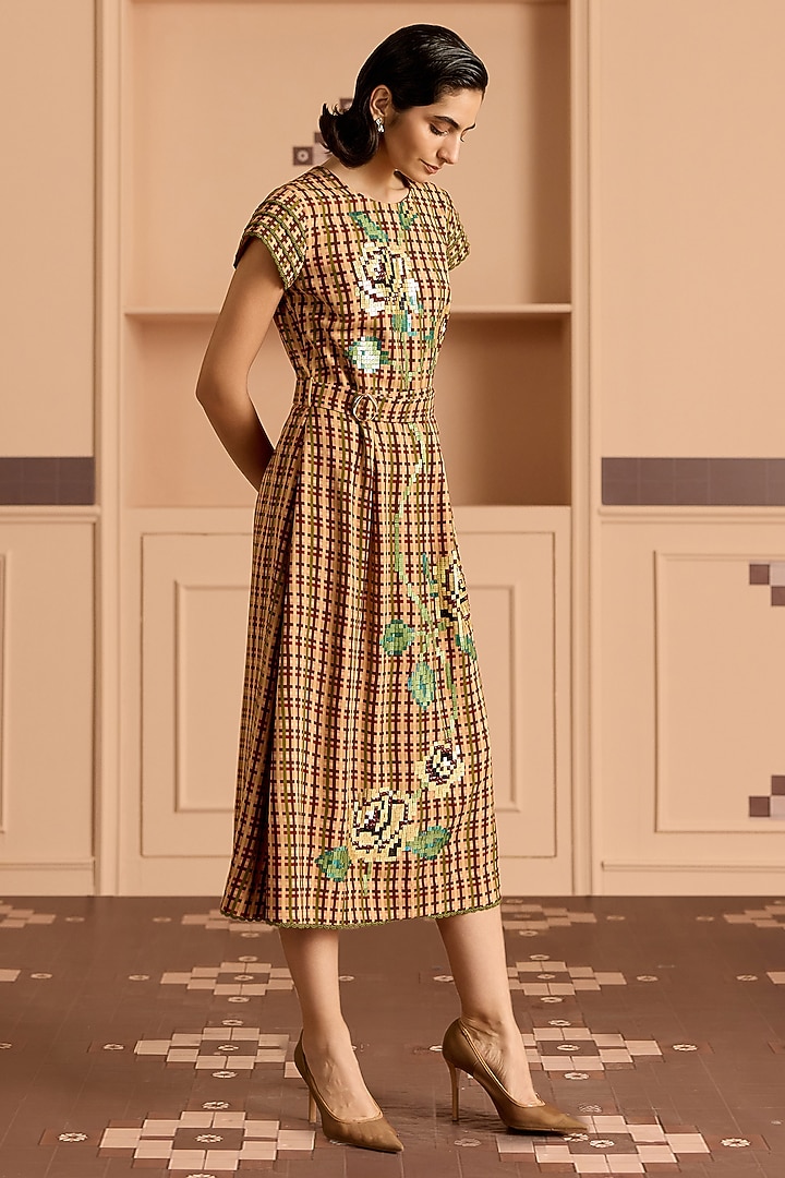 Burgundy Double Georgette Checked Flared Midi Vacation Dress by POOJA RAJGARHIA GUPTA at Pernia's Pop Up Shop
