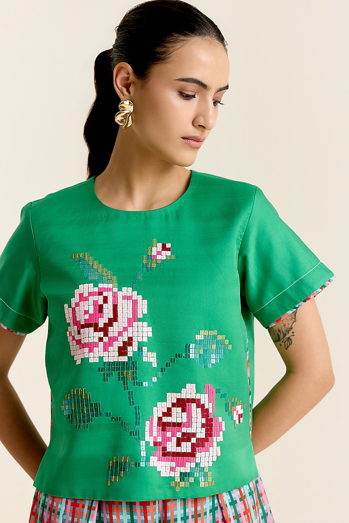 Mint Green Satin Floral Sequin Embroidered Crop Top by POOJA RAJGARHIA GUPTA at Pernia's Pop Up Shop