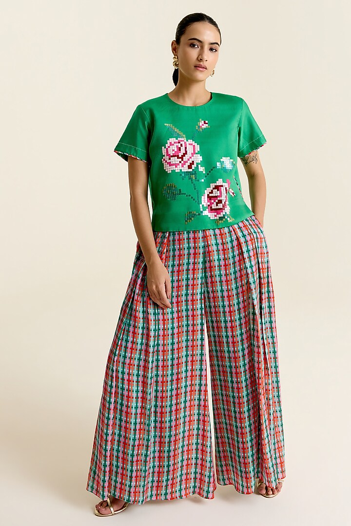 Mint Green Satin Floral Sequin Embroidered Crop Top by POOJA RAJGARHIA GUPTA at Pernia's Pop Up Shop